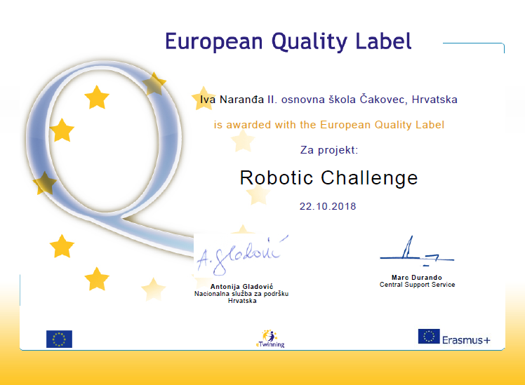 eTwinning Europska oznaka kvalitete Robotic Challenge Naranđa