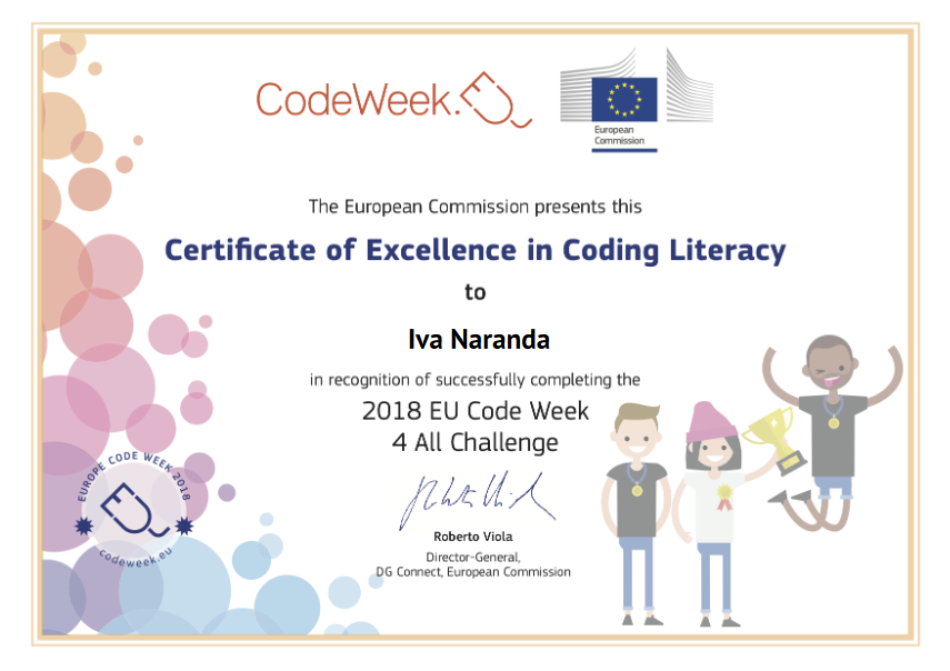 Certifikat izvrsnosti - Certificate of Excellence in Coding Literacy, 2018 EU Code Week 4 All Challenge