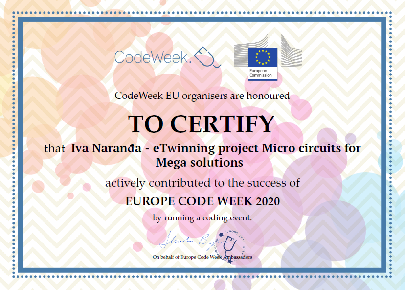 CodeWeek 2020 certificate - eTwinning project Micro circuits for Mega solutions