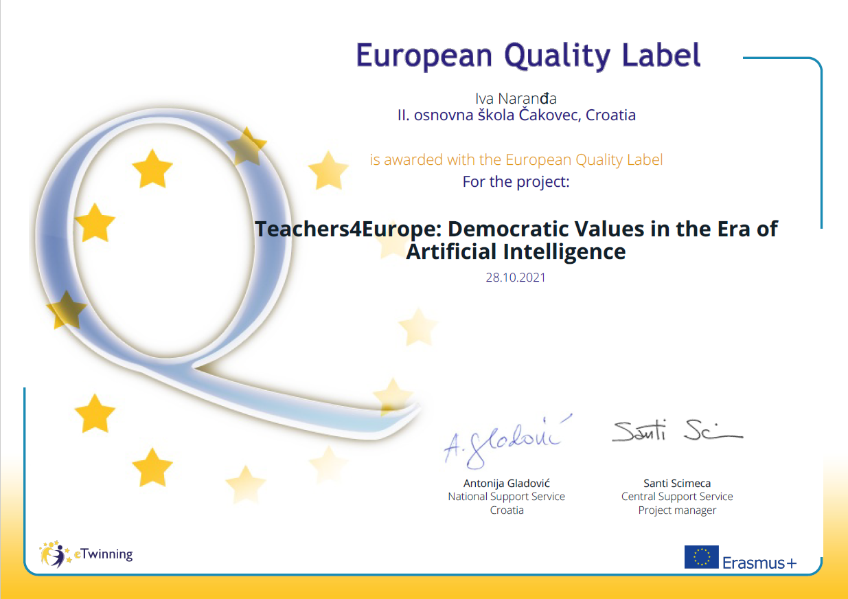 eTwinning europska oznaka kvalitete Iva Naranđa Teachers4Europe: Democratic Values in the Era of Artificial Intelligence