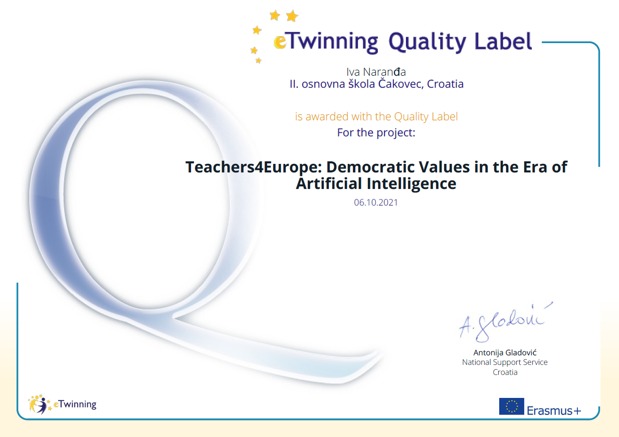 eTwinning nacionalna oznaka kvalitete Iva Naranđa Teachers4Europe: Democratic Values in the Era of Artificial Intelligence