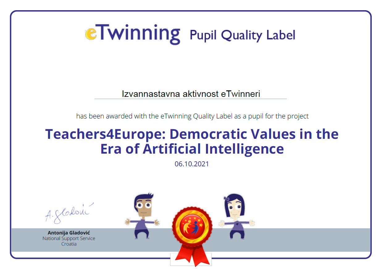 eTwinning pupil quality label Teachers4Europe: Democratic Values in the Era of Artificial Intelligence