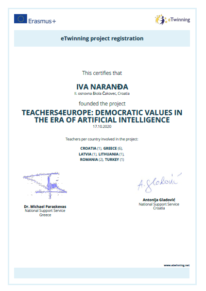 eTwinning project registration Teachers4Europe: Democratic Values in the Era of Artificial Intelligence