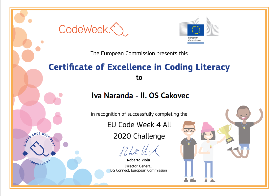 Certificate of Excellence in Coding Literacy, 2020 EU Code Week 4 All Challenge