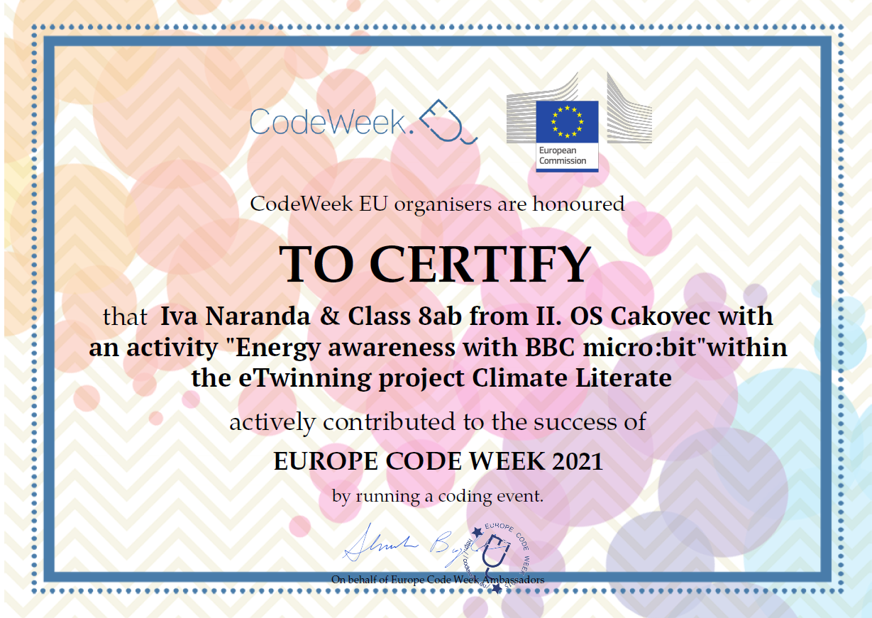 CodeWeek certificate - eTwinning project Climate Literate