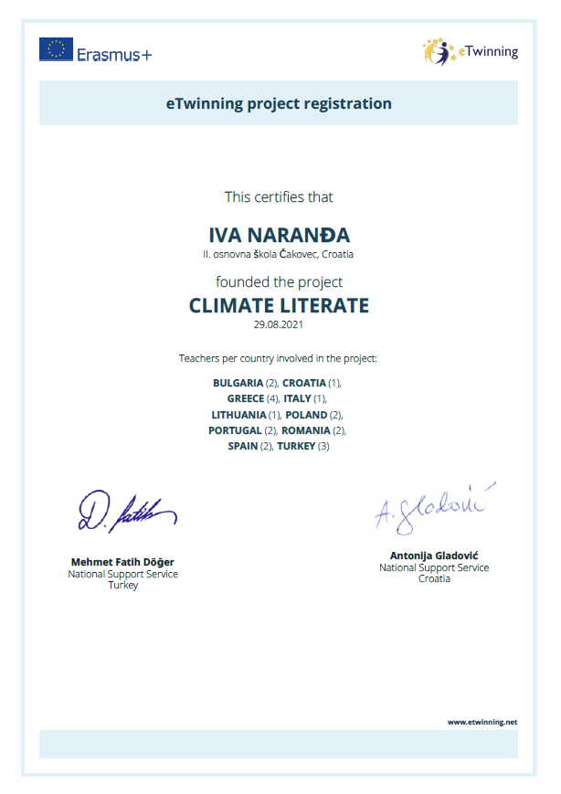 eTwinning project Climate Literate - potvrda o registraciji