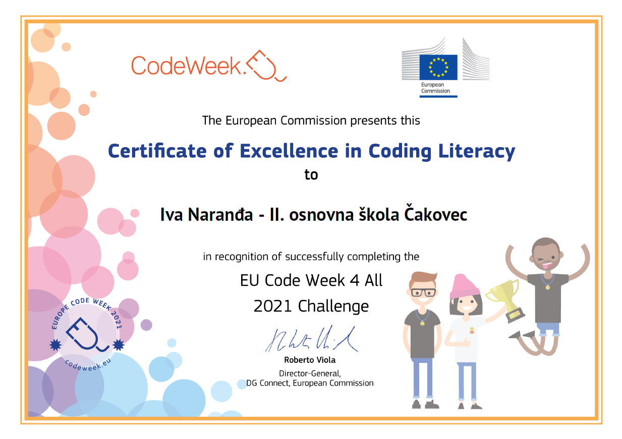 Certificate of Excellence in Coding Literacy, 2021 EU Code Week 4 All Challenge