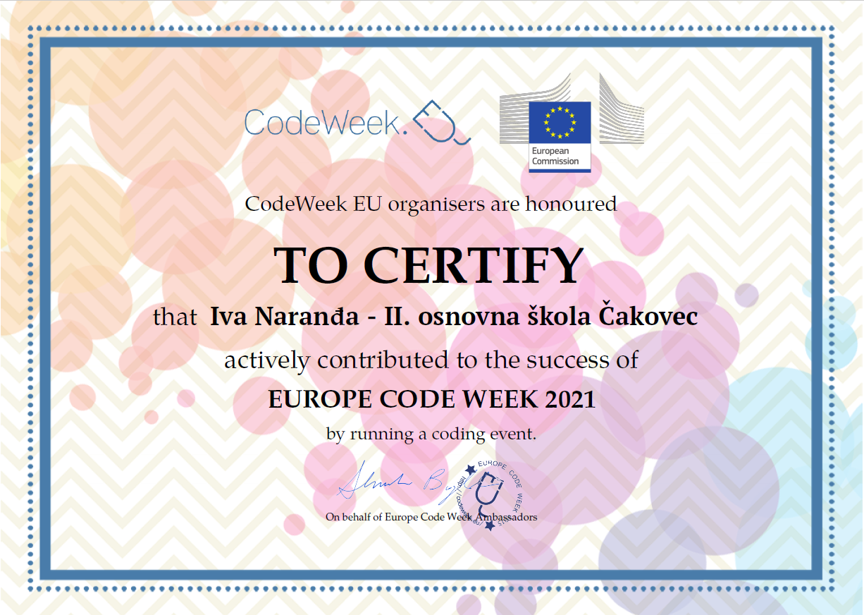 CodeWeek 2021 certificate Iva Naranđa