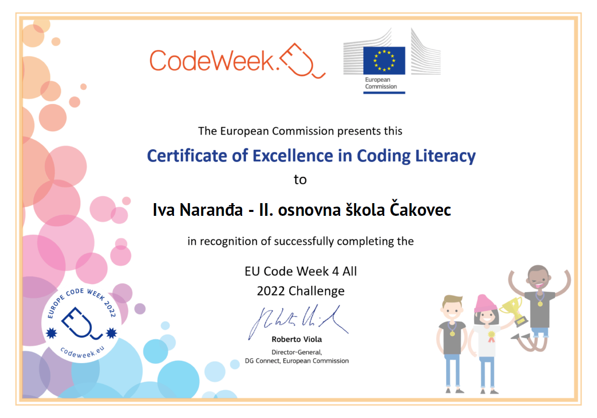 Certificate of Excellence in Coding Literacy, 2022 EU Code Week 4 All Challenge